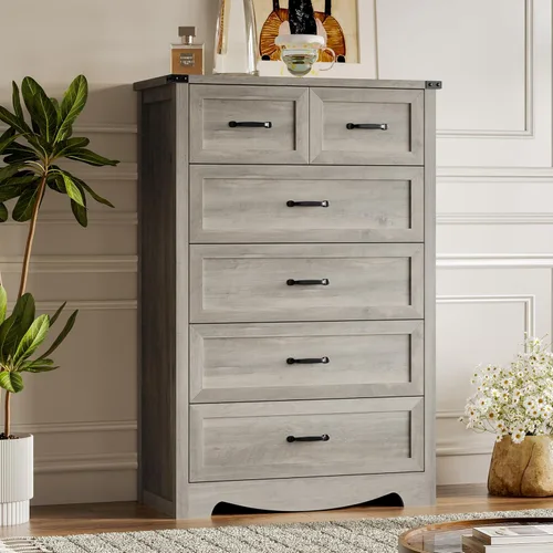 Miniatura 27 de BORNOON - Cómoda de 7 cajones para dormitorio, cómoda de madera moderna con manijas de metal, diseño antivuelco, organizador de almacenamiento Blanco