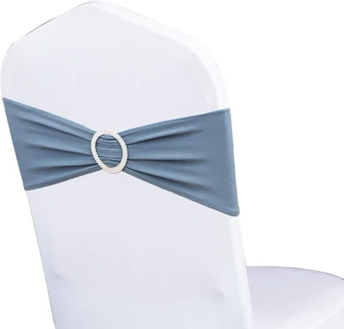 Miniatura 25 de Paquete de 50 bandas elásticas para sillas de bebé azul para boda, bandas elásticas de licra con hebilla deslizante, arcos de sillas de spandex