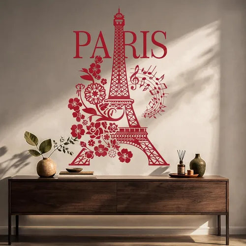 Miniatura 2 de Vinilo París Torre Eiffel Romántico Notas Musicales Flores Pegatinas Mural Decoración Grande (g4977) Negro