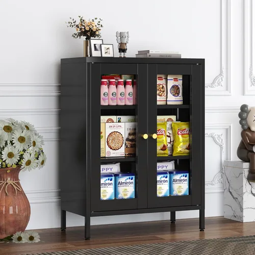 Miniatura 20 de Armario de almacenamiento de metal negro con 2 puertas, soporte de TV de 25 pulgadas de alto, armario de 2 niveles con estantes ajustables, gabinete