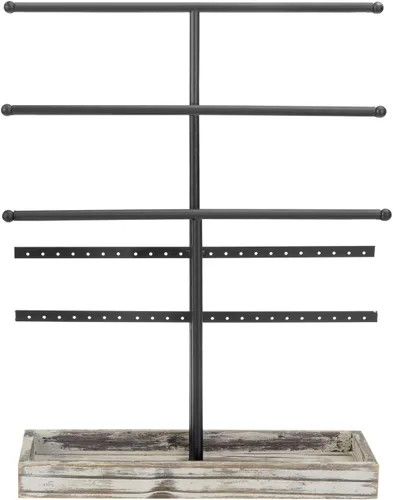 Miniatura 6 de MyGift - Estante organizador de joyería de metal negro de 3 niveles con collar y barras en T perchas para pendientes y bandeja de madera para anillos