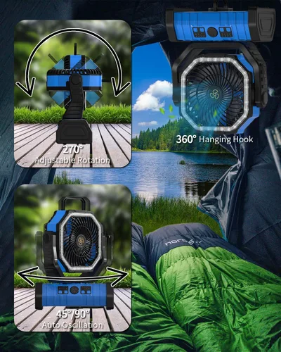 Miniatura 6 de ADUST Ventilador Portátil de Campamento con Batería, Ventilador con Luz LED 20000mAh Recargable, Oscilación Automática, Rotación de 270°, Gancho