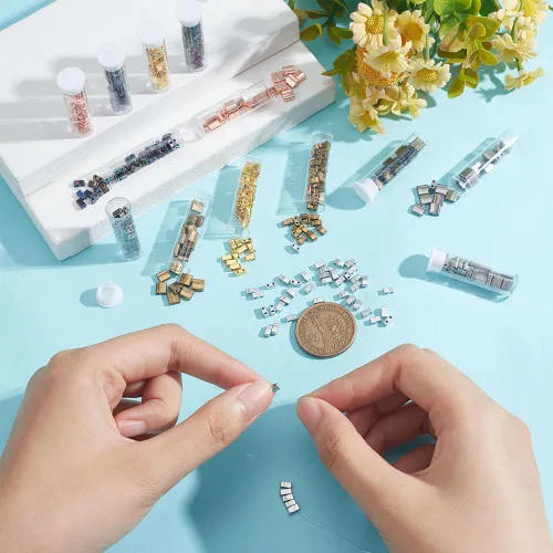 Miniatura 3 de NBEADS 455 cuentas de 2 tamaños de 2 agujeros, cuentas de semillas de vidrio rectangulares de 7 colores para hacer joyas, kit de bricolaje