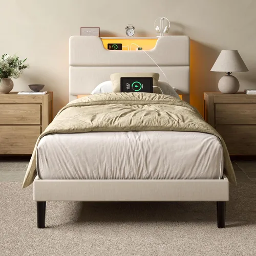 Miniatura 10 de OURPIC - Marcos de cama tamaño Queen con cabecero tapizado, cama moderna con plataforma y estación de carga y luces LED, marco de cama con listones