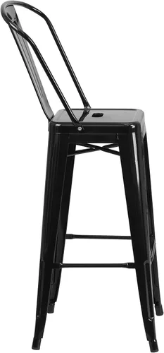 Miniatura 7 de Merrick Lane Taburete de altura de barra serie Dothan - Acabado negro - Marco de metal con soporte cruzado - Práctico respaldo extraíble