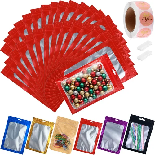 Miniatura 15 de Paquete de 150 bolsas holográficas de Mylar de 5 x 8 pulgadas con ventana transparente, pequeñas bolsas de papel de aluminio resellables