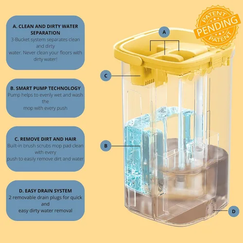 Miniatura 2 de Juego de trapeador y cubo con sistema de bomba para el hogar, autolimpieza manos libres con 3 compartimentos para separar la limpieza del agua