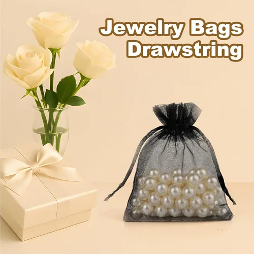 Miniatura 5 de Crweety 50 bolsas de organza negra de 3 x 4 pulgadas, pequeñas bolsas de regalo de malla con cordón para embalaje de pulseras de joyería, bolsa