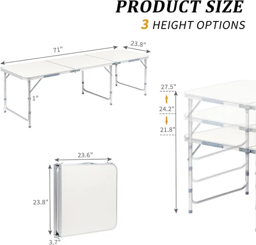 Miniatura 3 de Outvita Mesa de camping plegable portátil de 6 pies, mesa de altura ajustable impermeable para exteriores, mesa plegable de maleta ligera de Plateado
