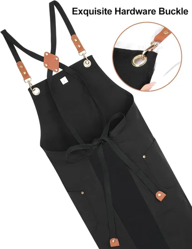 Miniatura 2 de Delantales negros con espalda cruzada para mujeres y hombres, correas largas ajustables, bolsillos grandes, delantal impermeable de lona