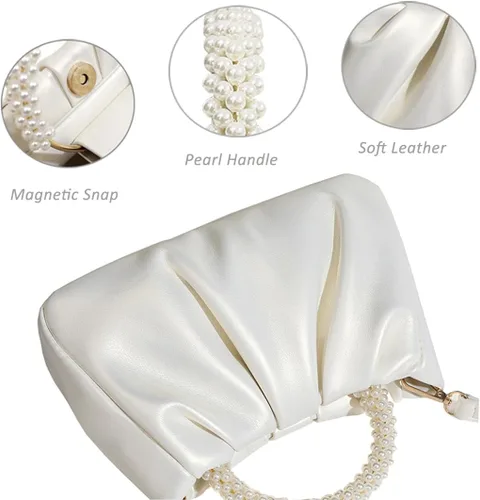 Miniatura 5 de Beatfull Bolso de noche para mujer, bolso de mano pequeño con perlas de cuero suave, bolso fruncido para boda, novia, fiesta, baile de graduación
