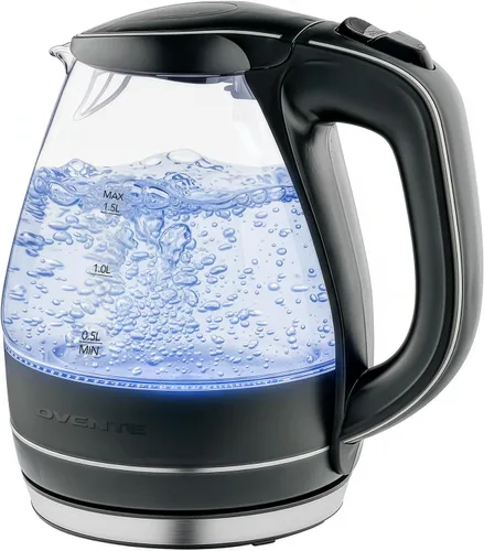 OVENTE Hervidor eléctrico de 1.5L, calentador de agua de vidrio de borosilicato para encimera y hervidor para café o té, libre de BPA, apagado Negro