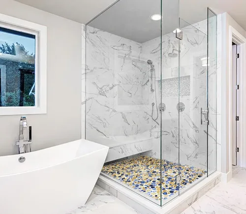 Miniatura 4 de Blujellyfish Azulejo de Porcelana de Guijarro Cerámico de Mosaico Azul Esmaltado para Piscina, Baño, Ducha, Pared y Suelo TSTGPT001