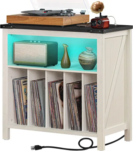 Miniatura 9 de Joaxswe Soporte Grande para Tocadiscos con Estación de Carga y Luces LED, Gabinete Portador de Almacenamiento de Discos de Vinilo que Sostiene hasta