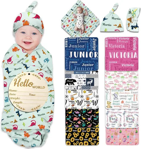 Miniatura 28 de Manta de bebé personalizada para niña y niño, manta de recepción con nombre personalizado con diadema de lazo y sombrero, regalos personalizados