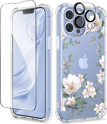 Miniatura 12 de GVIEWIN Funda diseñada para iPhone 13 de 6.1 pulgadas, con protector de pantalla de vidrio templado + protector de lente de cámara, flor