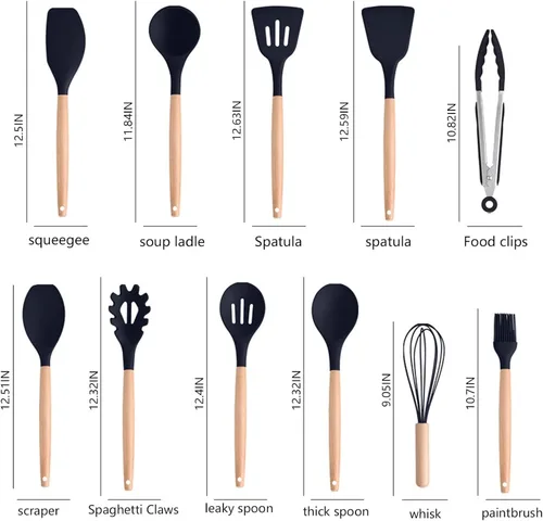Miniatura 7 de Juego de utensilios de cocina y cuchillos con bloque, juego de cocina todo en uno de 19 piezas, 12 utensilios de silicona antiadherentes + 5 Negro