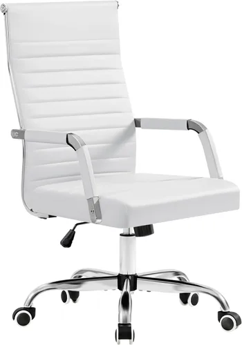Furmax silla de escritorio de oficina acanalada con respaldo medio de piel sintética silla de trabajo ejecutiva de conferencia silla giratoria Blanco