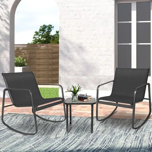 Miniatura 10 de Mecedoras para exteriores de 3 piezas, juego de muebles de bistró para patio, 2 sillas mecedoras de acero negro con cojín y mesa de centro de Marrón