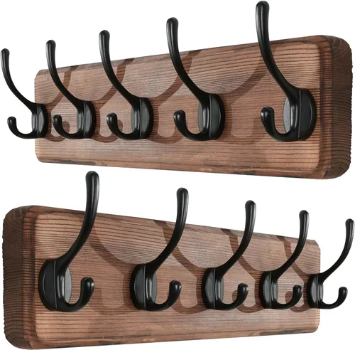 Miniatura 9 de SKOLOO Perchero rústico montado en la pared con distancia de orificio de montaje de 16 pulgadas, gancho de madera maciza de pino, 5 ganchos