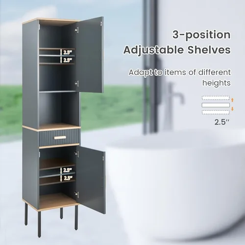 Miniatura 6 de Tangkula Armario alto de baño, armario de almacenamiento independiente con puertas gabinete, compartimento abierto y cajón, torre estrecha