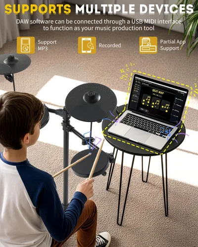 Miniatura 3 de Ktaxon Juego de batería eléctrica, batería electrónica con carga tipo C, USB MIDI, almohadillas silenciosas, platillos premium, pedales, trono
