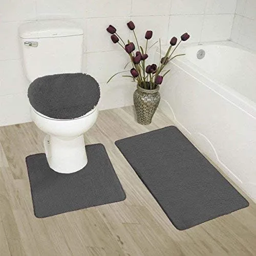 Miniatura 4 de Juego de 3 alfombras de baño sólidas que incluye alfombra de baño, tapete de contorno y cubierta para tapa de inodoro (negro)