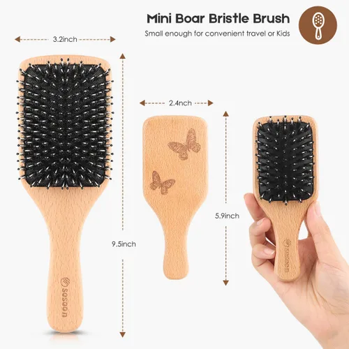 Miniatura 3 de Cepillo de pelo, paquete de 2 cepillos de cerdas de jabalí para mujeres, hombres, niños, reducir el encrespamiento, no más enredos, cepillo de viaje