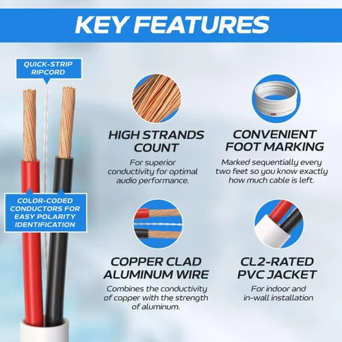 Miniatura 3 de Cables Direct Online Cable de altavoz 16/2 de 50 pies con clasificación CL2 para interiores de bajo voltaje de aluminio recubierto de cobre (CCA)