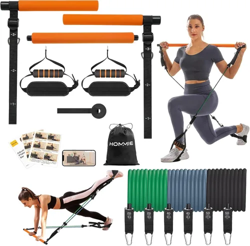 Hommie Kit de barra de pilates portátil con bandas de resistencia para hombres y mujeres, barra de pilates mejorada de 3 secciones con bandas de