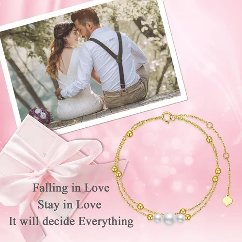 Miniatura 6 de Pulseras de perlas de oro de 14 quilates para mujer, pulsera de doble cadena de oro macizo con perlas cultivadas de agua dulce, joyería