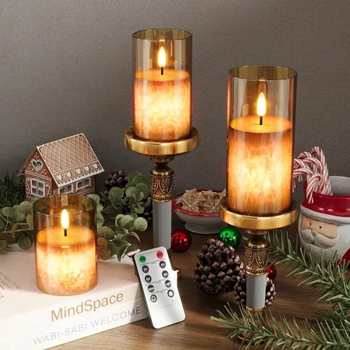 Miniatura 3 de VIODAIM Velas de cera real de cristal de hielo sin llama con control remoto y temporizador, velas operadas por baterías con llama parpadeante Dorado