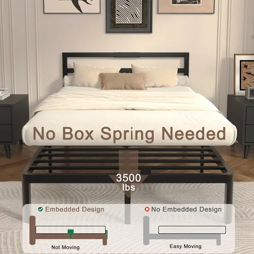 Miniatura 3 de Base de cama matrimonial de 14 pulgadas con cabecero, marco de cama de metal negro, sin necesidad de somier, juntas antideslizantes, sin ruido