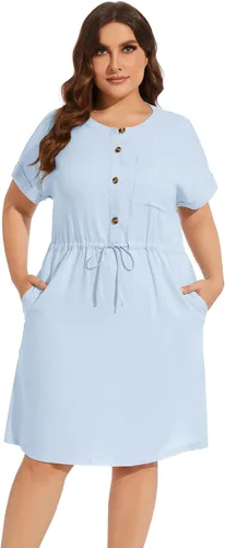Vestido de lino midi de manga corta con botones para mujer, casual, con cinturón frontal, color sólido, talla grande, vestidos camiseros