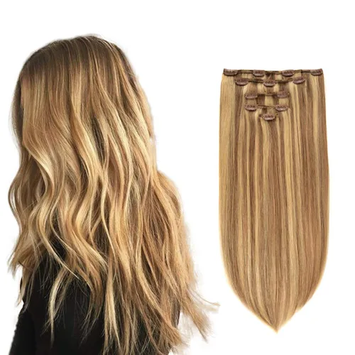 Miniatura 12 de 5 Piezas de extensiones de cabello humano Remy con clip - Extensiones de cabello real sedoso, corto y grueso para mujeres y niñas