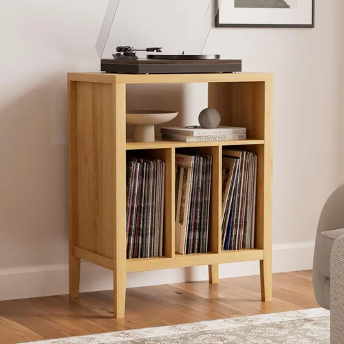 Miniatura 13 de Moderno soporte para tocadiscos, armario de almacenamiento de discos de vinilo con estante abierto, reproductor de discos de madera, organizador