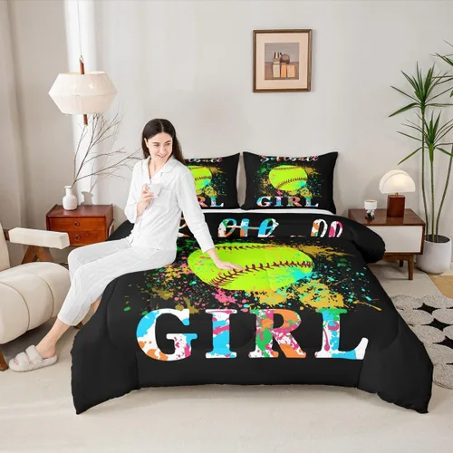 Miniatura 5 de jejeloiu Juego de edredón de sóftbol para niños, tamaño matrimonial, juego de ropa de cama con temática deportiva para niños, niñas, adolescentes
