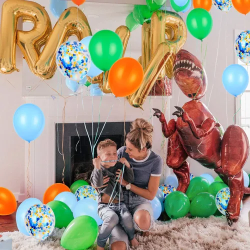 Miniatura 7 de Globos de látex naranja, azul y verde con globos de confeti para fiesta de cumpleaños de dinosaurio baby shower (80 paquetes)
