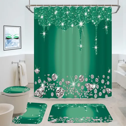 Miniatura 9 de 4 piezas de juego de cortina de ducha con destellos de diamantes, decoración de baño negra y plateada con goteo brillante con tapete y funda