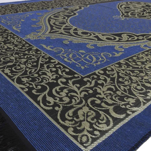 Miniatura 7 de Modefa Alfombra de oración islámica fina tejida de felpilla y tafetán turca Sajada diseño intrincado metálico (negro + azul)