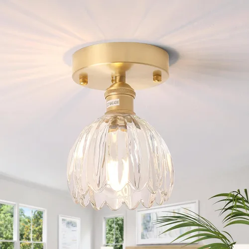 Miniatura 13 de Shenmoyl Luces de pasillo doradas de montaje semiempotrado con vidrio Scindapsus transparente, bombilla incluida, base de 4.72 pulgadas, lámpara