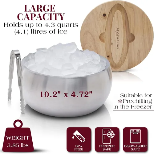 Miniatura 3 de Gusto Nostro Cubo de hielo aislado de 4.1 L con tapa y pinzas, cubo de hielo de acero inoxidable de doble pared, grande, sin BPA para bar de Plateado