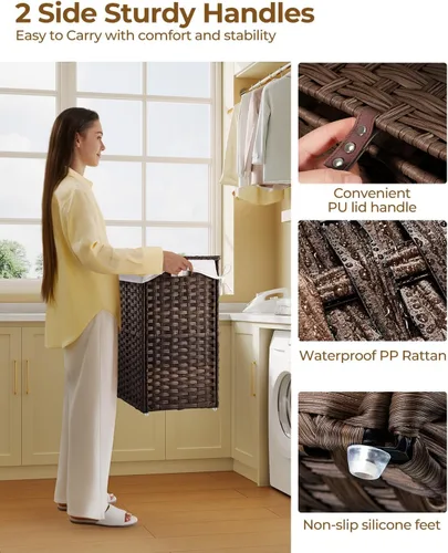 Miniatura 3 de GREENSTELL - Cesta de ropa con tapa, 90 l, con 2 bolsas extraíbles y 2 bolsas de malla, cesto de ratán sintético tejido a mano para ropa, juguetes