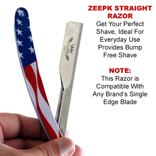 Miniatura 4 de Maquinilla de afeitar de borde recto, calidad de peluquería (bandera estadounidense) para hombre con corte de barba + 10 cuchillas de afeitar Zeepk