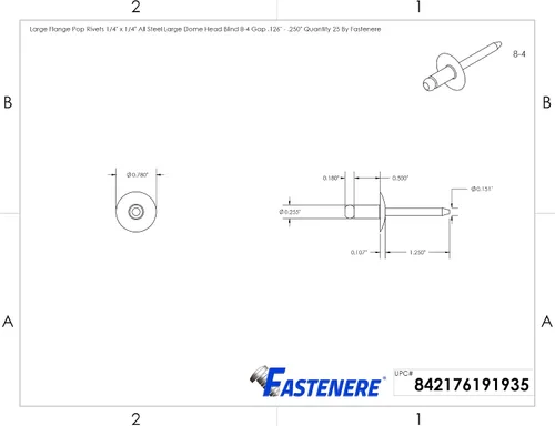 Miniatura 2 de Fastenere Remaches Pop de Brida Grande – 1/4 pulgadas x 1/4 pulgadas (25 piezas) Trabajo Pesado, Extremo Abierto, Acero Zinc, Resistente a