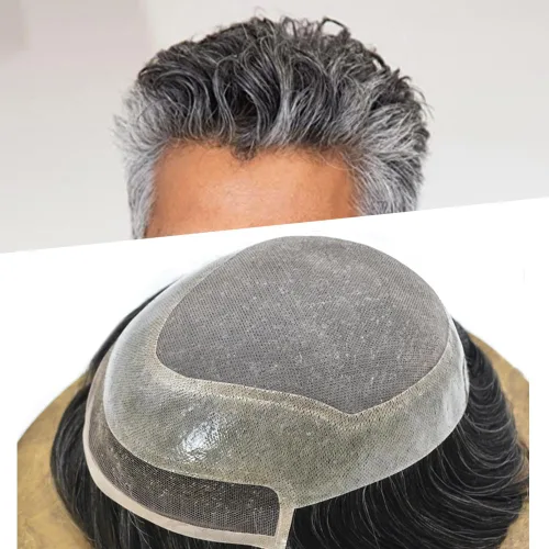 Miniatura 10 de Toupee para hombres, pieza de cabello humano real, sistema de reemplazo de cabello para hombre, nudo blanqueado, línea capilar duradera, pieza