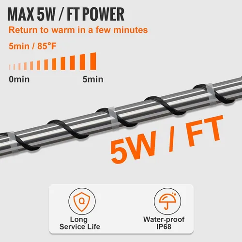 Miniatura 3 de VEVOR Cable de calefacción de tubería autorregulable, cinta térmica de 3 pies y 5 W/pies para protección contra congelación de tuberías, cable