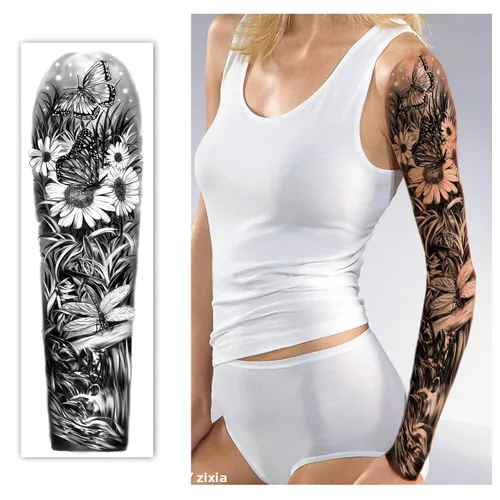 Miniatura 4 de Tatuaje Temporal de Brazo Completo 8 Hojas y Medio Brazo Hombro Tatuajes Falsos Impermeables 10 Hojas, Calcomanías de Tatuaje Extra Grandes Peonía