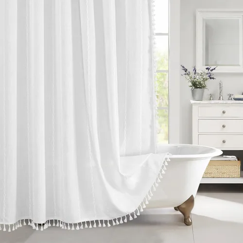 Miniatura 15 de MitoVilla - Juego de cortina de ducha de tela de granja gris, cortinas de ducha de poliéster y lino modernas estilo bohemio para decoración de baño