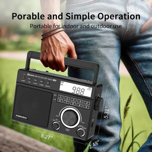 Miniatura 4 de TOMASHI Radio FM portátil de onda corta MW con Bluetooth, sintonización ATS, reloj y alarma, grabación, reproducción de MP3/WMA a través de tarjeta